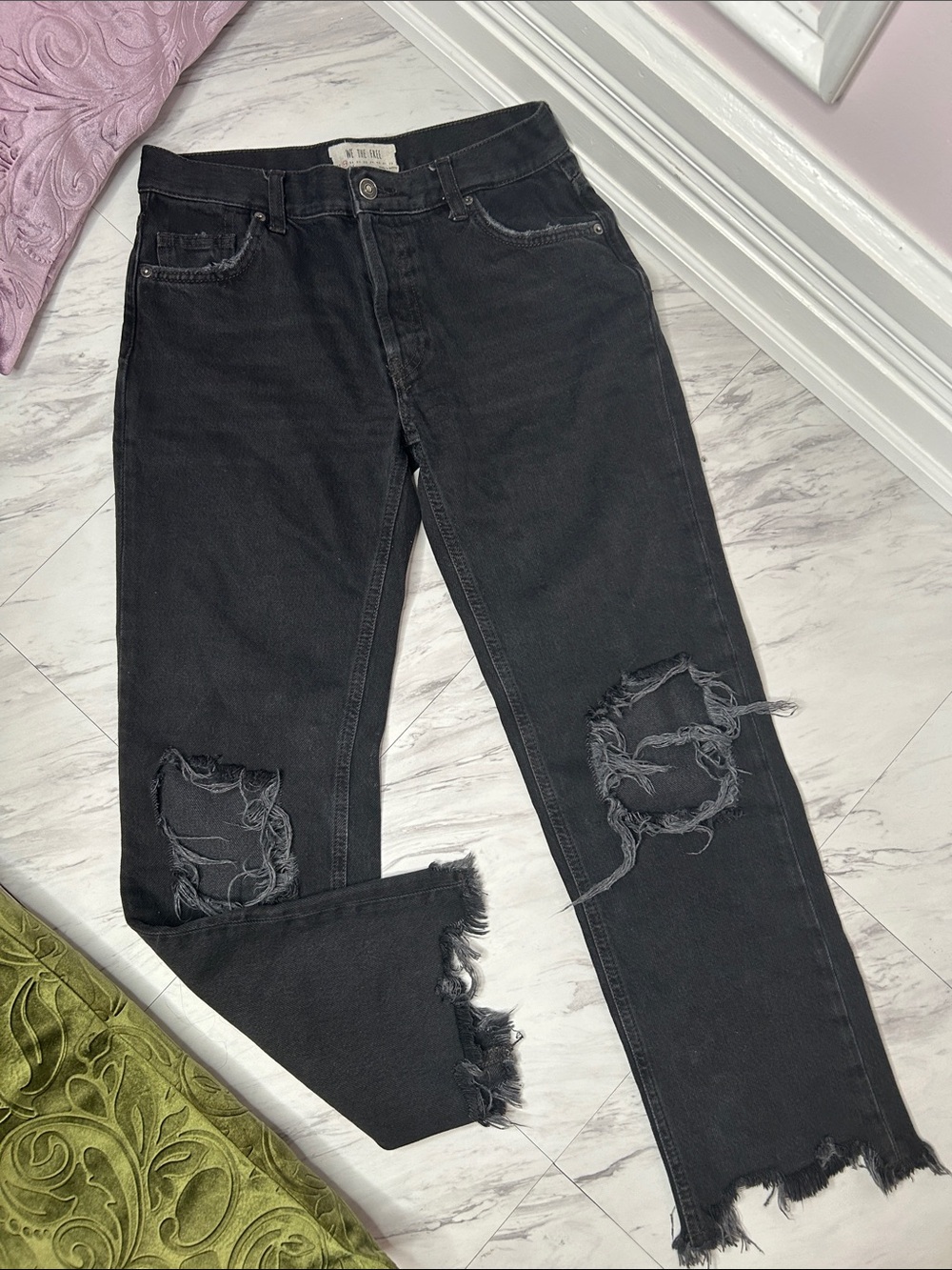 We The Free Black Distressed Straight Leg Jeans